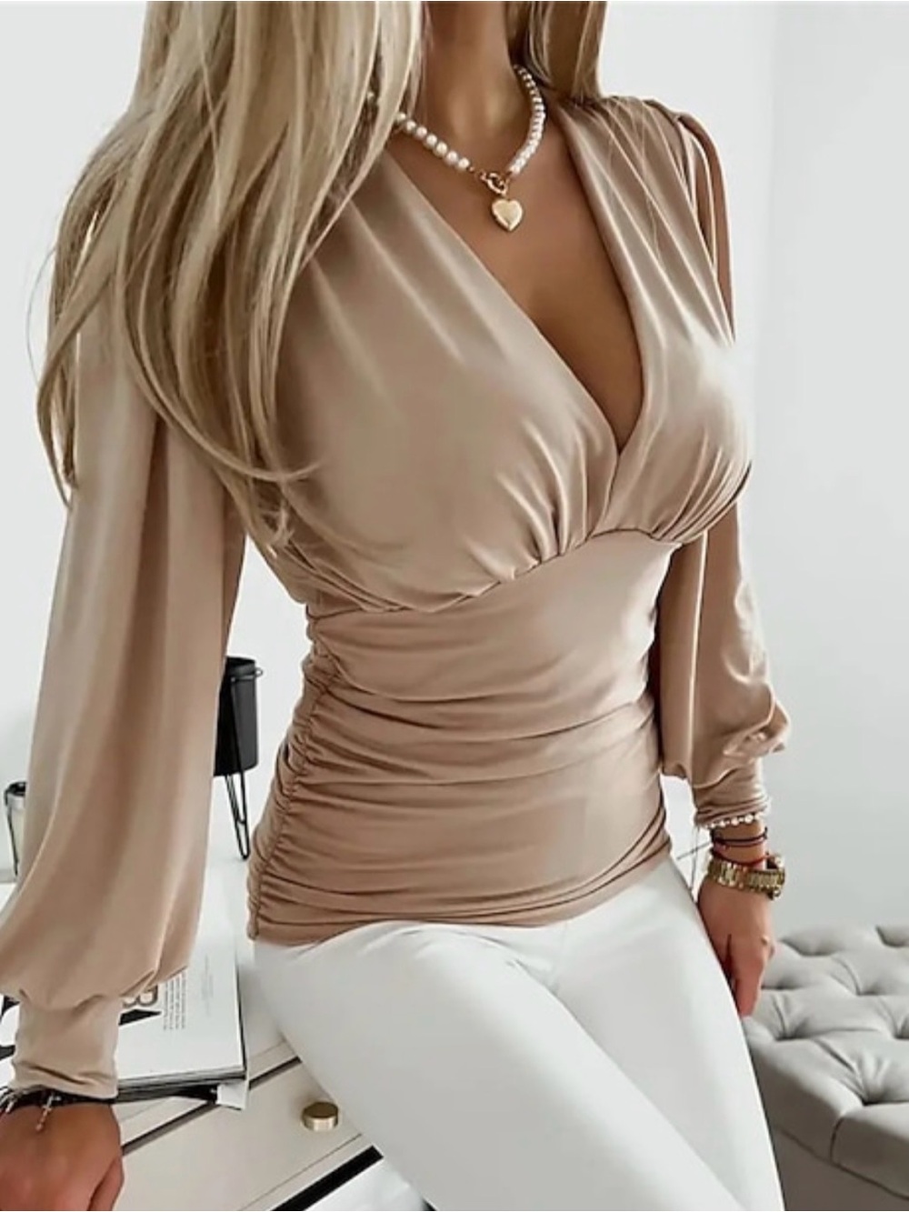 Sleek V-Neck Ruched Women’s Top in Beige small
